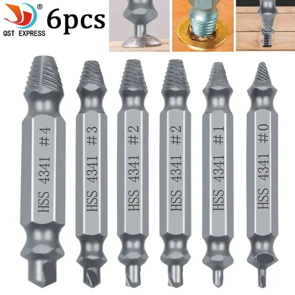 Set of six metallic silver hss 4341 screw extractor bits size 0 to 4 for precision repair and extraction use