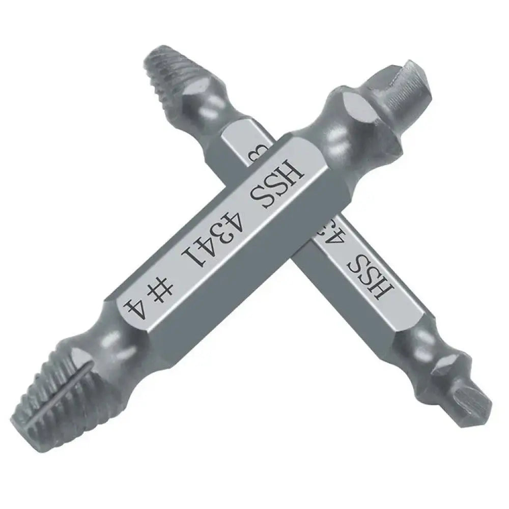 Silver-colored high-speed steel screwdriver bits marked hss 4341 number 4 from a 6-piece precision hss screw extractor and repair bit set