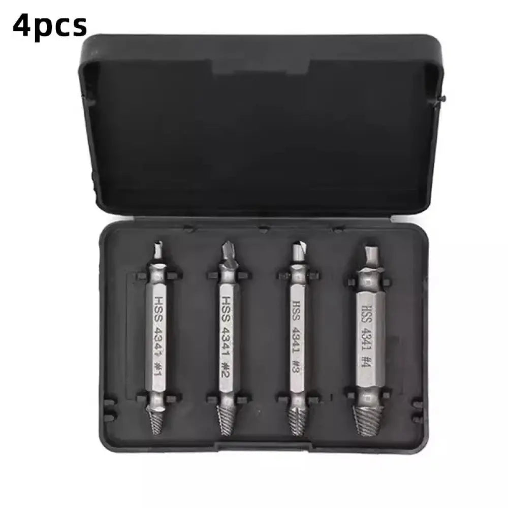 Set of four stainless steel screw extractors in a black case from a 6-piece precision hss repair bit set