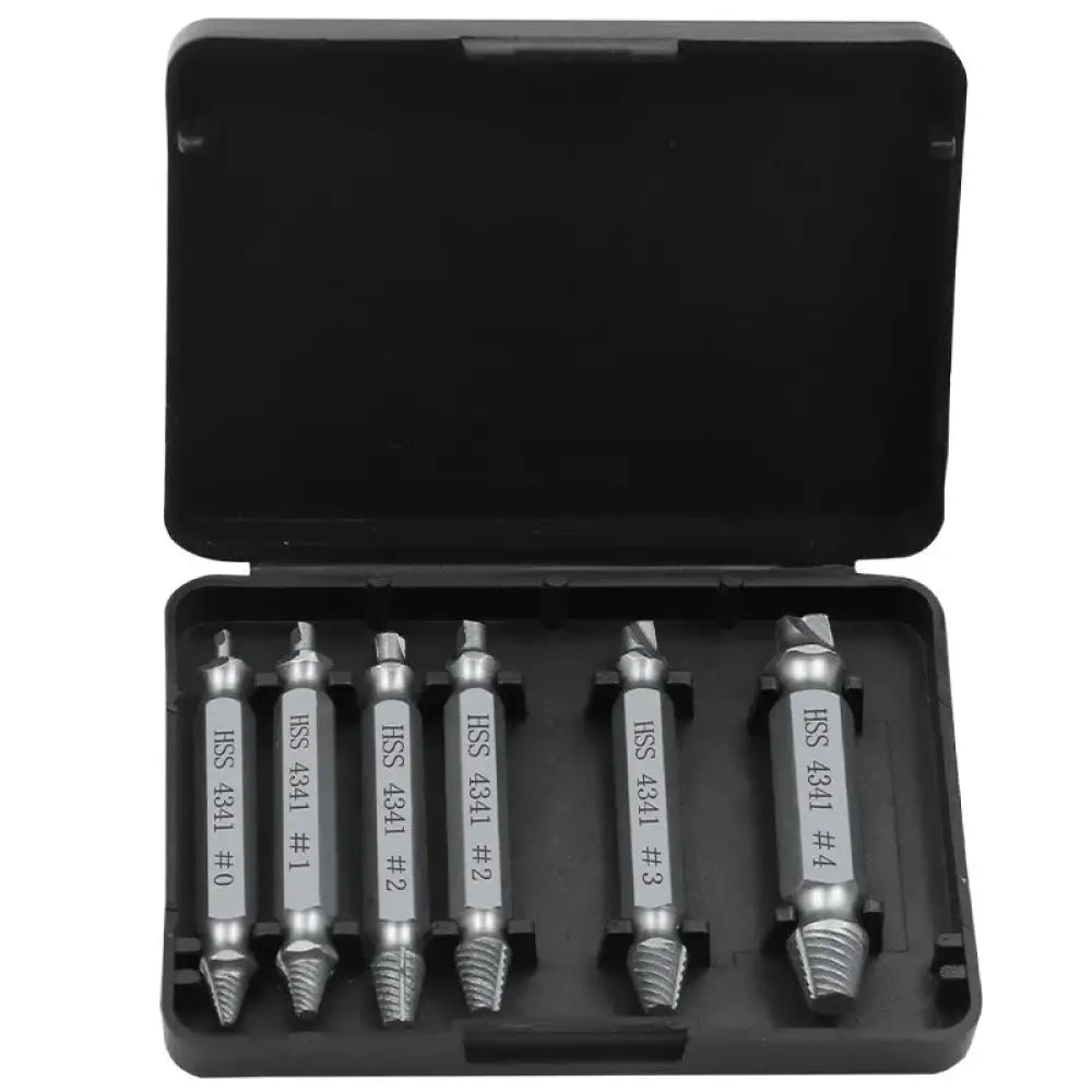 6-piece precision hss screw extractor bit set with six stainless steel bits in black plastic case labeled with sizes