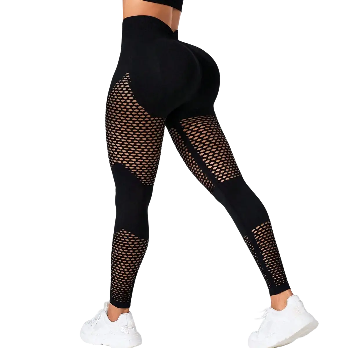 Black high-waisted Scrunch booty lifting gym leggings with mesh panel design showcasing the back side