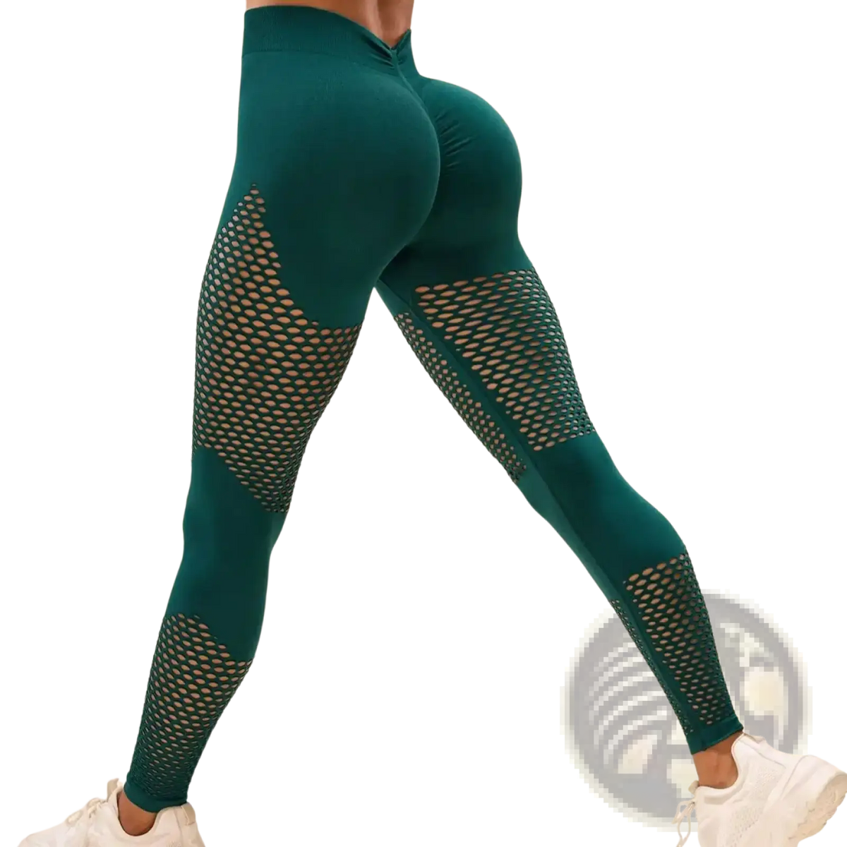 Teal high-waisted scrunch booty lifting gym leggings with mesh paneling on the thighs and calves