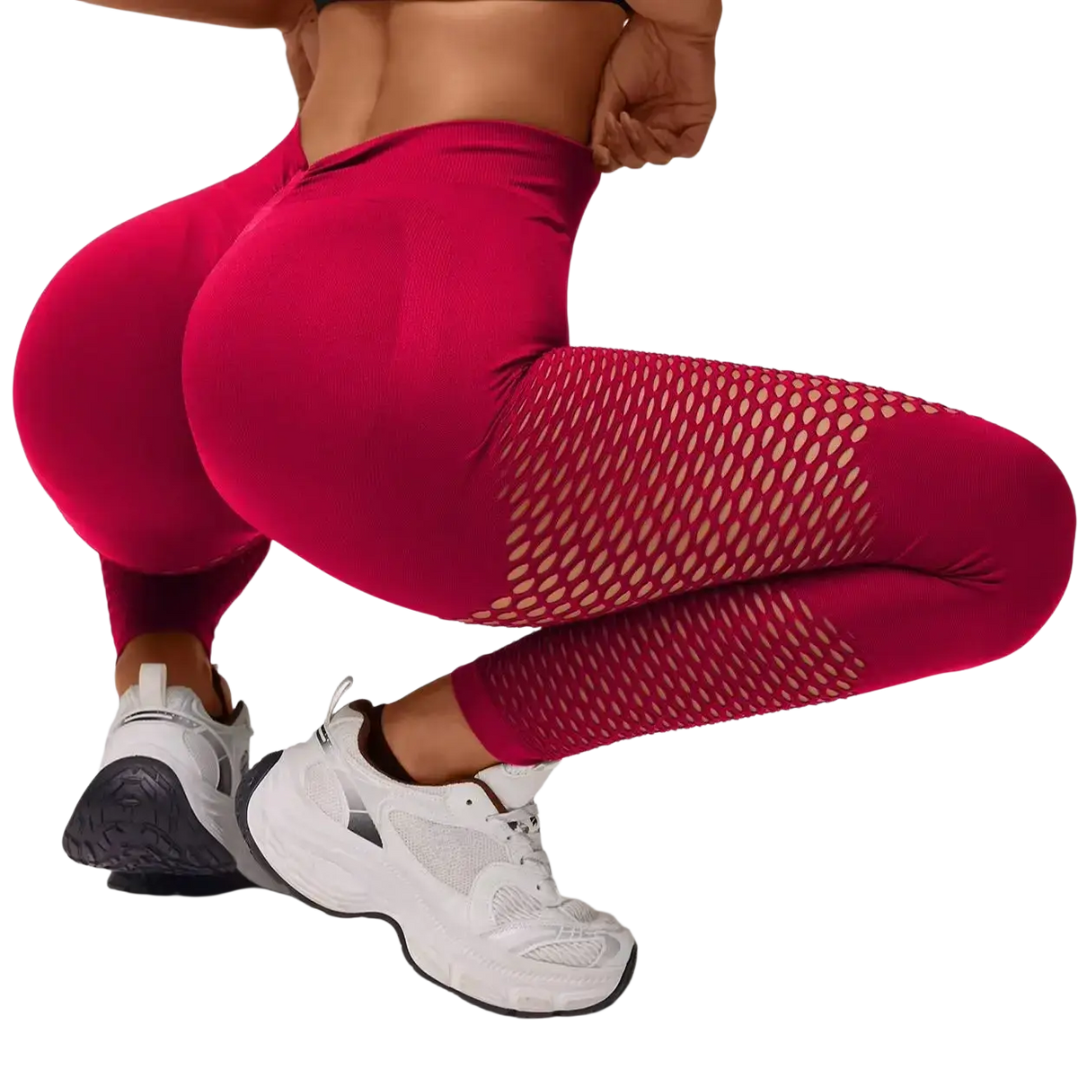 Vibrant fuchsia scrunch booty lifting gym leggings with mesh panel design showing the back side