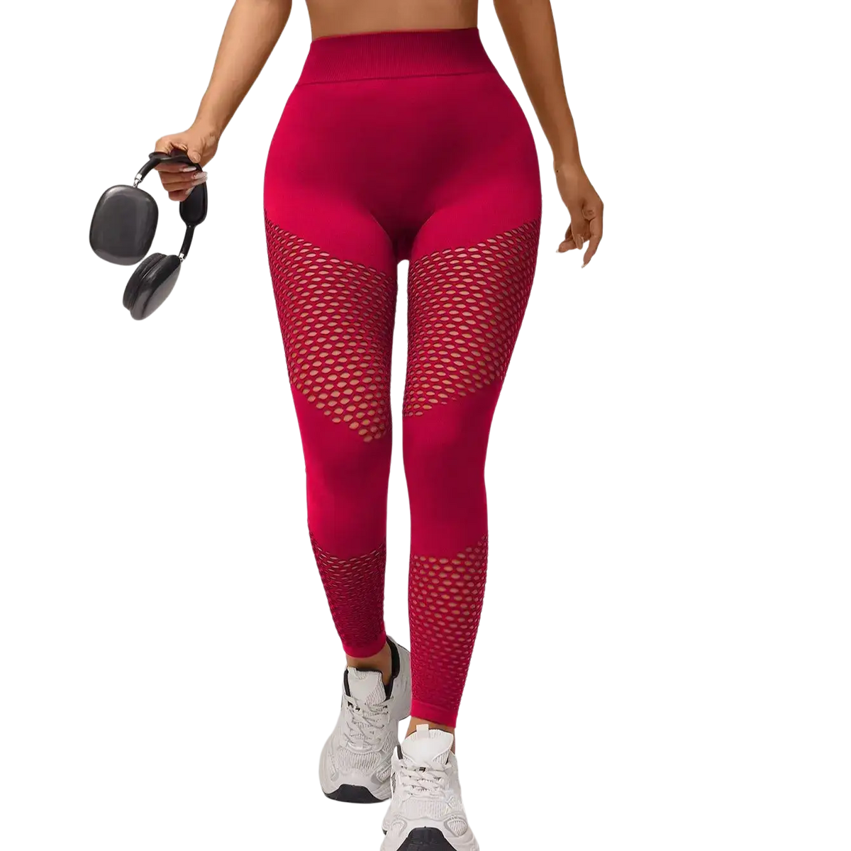 Vibrant red high-waisted scrunch booty lifting gym leggings with mesh panel design shown from the back side