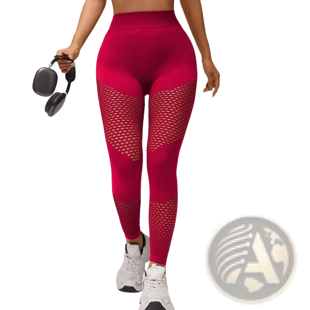 Vibrant red high-waisted scrunch booty lifting gym leggings with mesh panel design shown from the back side