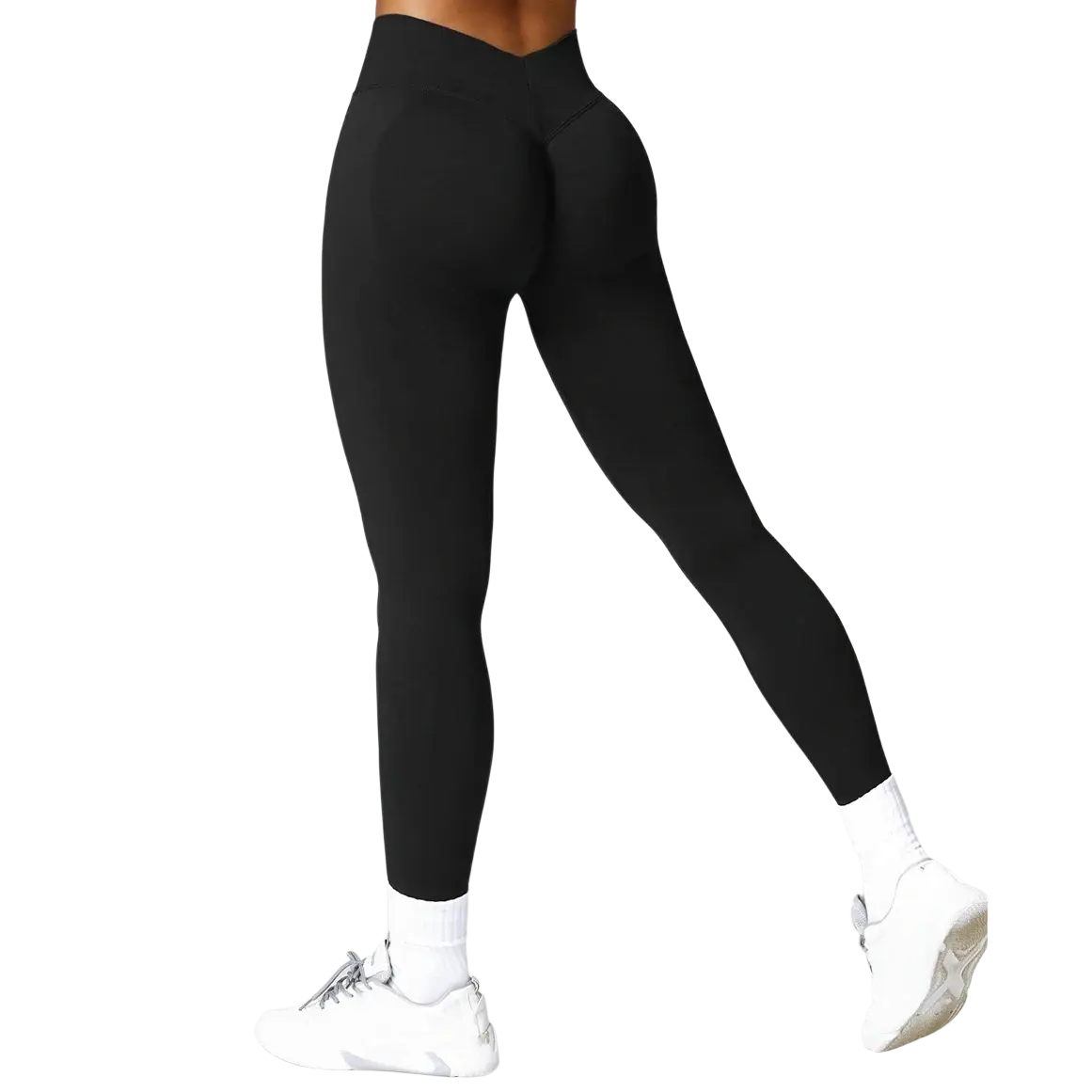 Black high-waisted scrunch booty lifting yoga leggings made of smooth form-fitting stretch fabric shown from the back