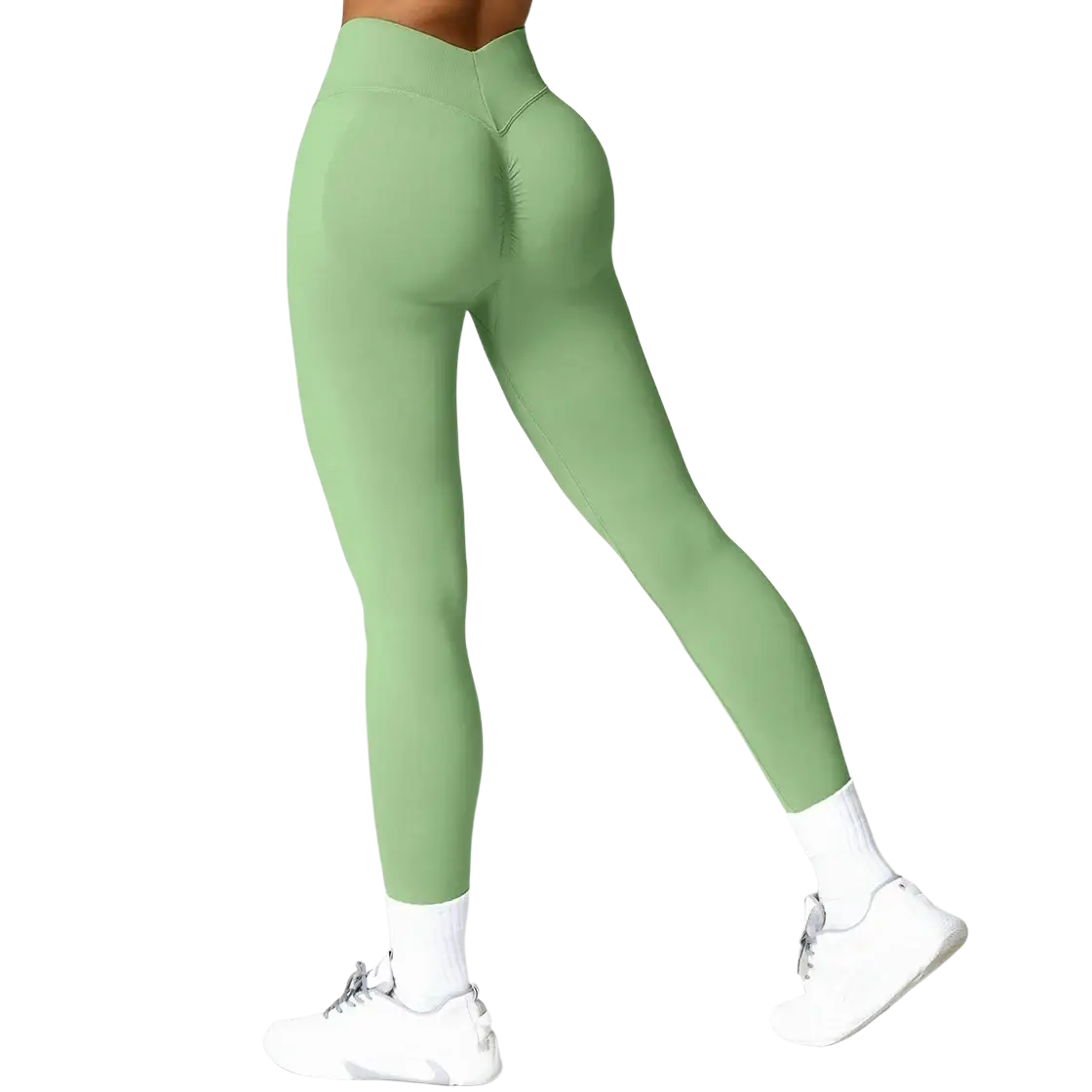 Mint green high-waisted scrunch booty lifting yoga leggings with seamless form-fitting design shown from the back side