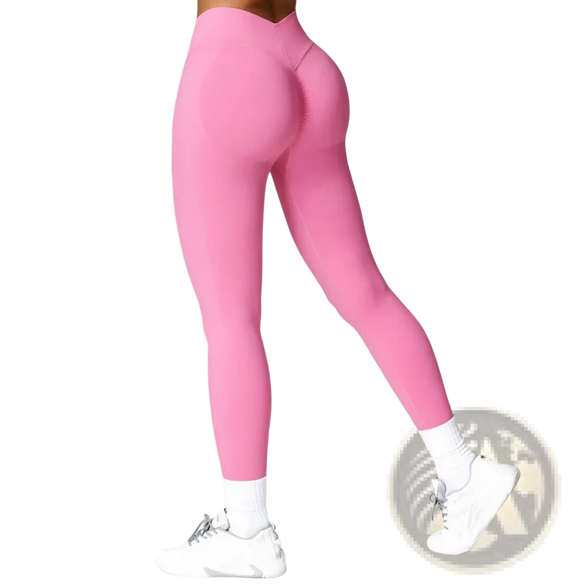 Pink high-waisted scrunch booty lifting yoga leggings with smooth, form-fitting material shown from the back side