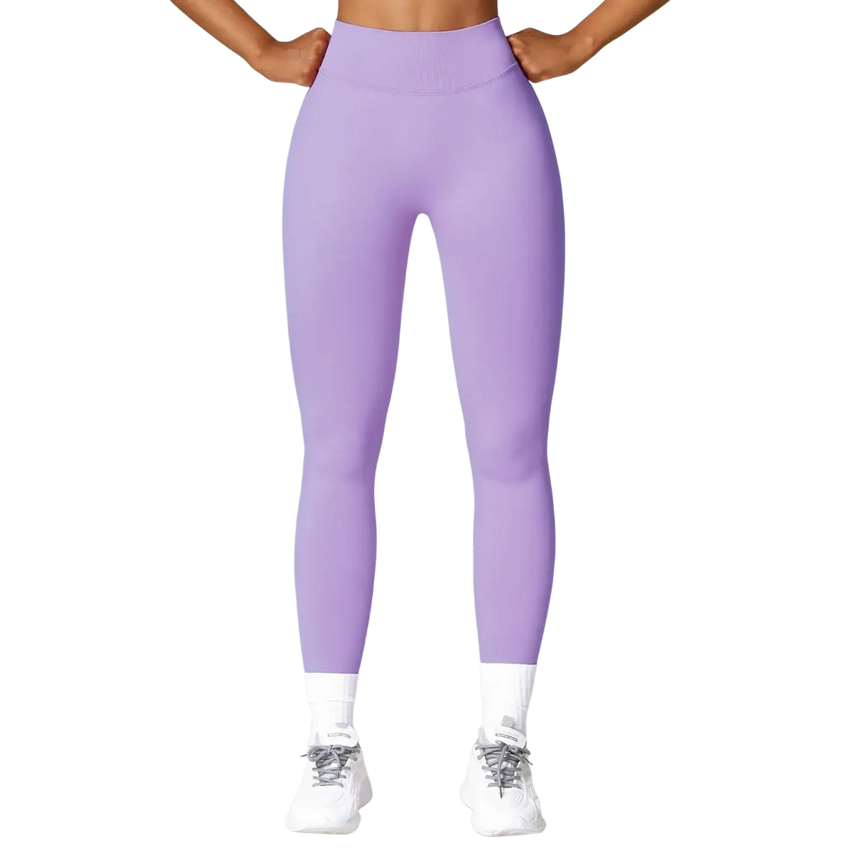Purple high-waisted scrunch booty lifting yoga leggings made of smooth stretchy fabric shown from the back side