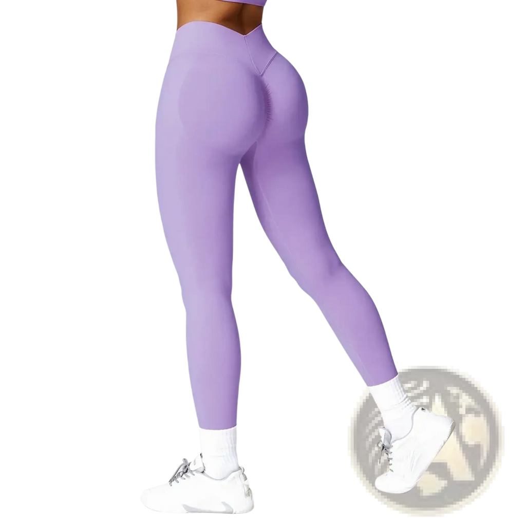 Purple high-waisted scrunch booty lifting yoga leggings with a smooth form-fitting design for activewear
