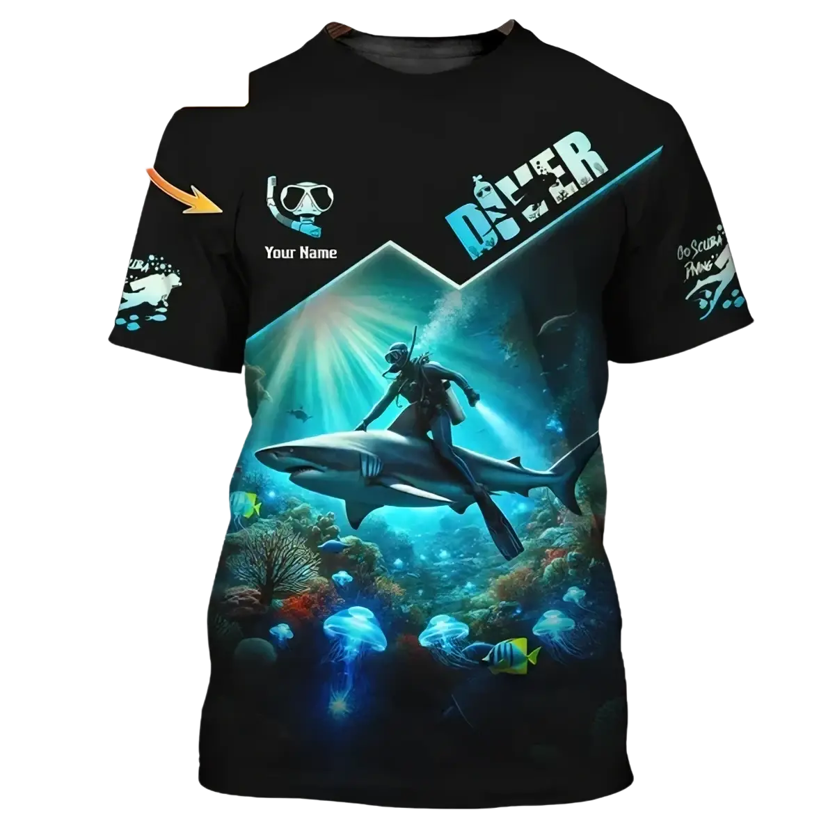 Black short-sleeved oversized men scuba diving t-shirt with vibrant 3d print of diver riding shark coral reefs and jellyfish