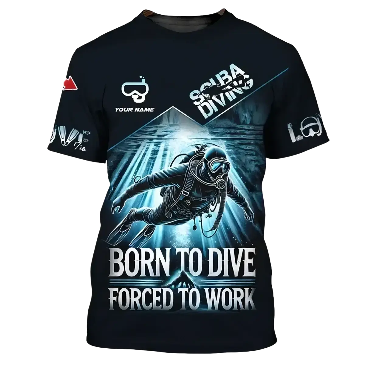 Black short-sleeved oversized t-shirt featuring scuba diving 3d print with underwater diver and born to dive text