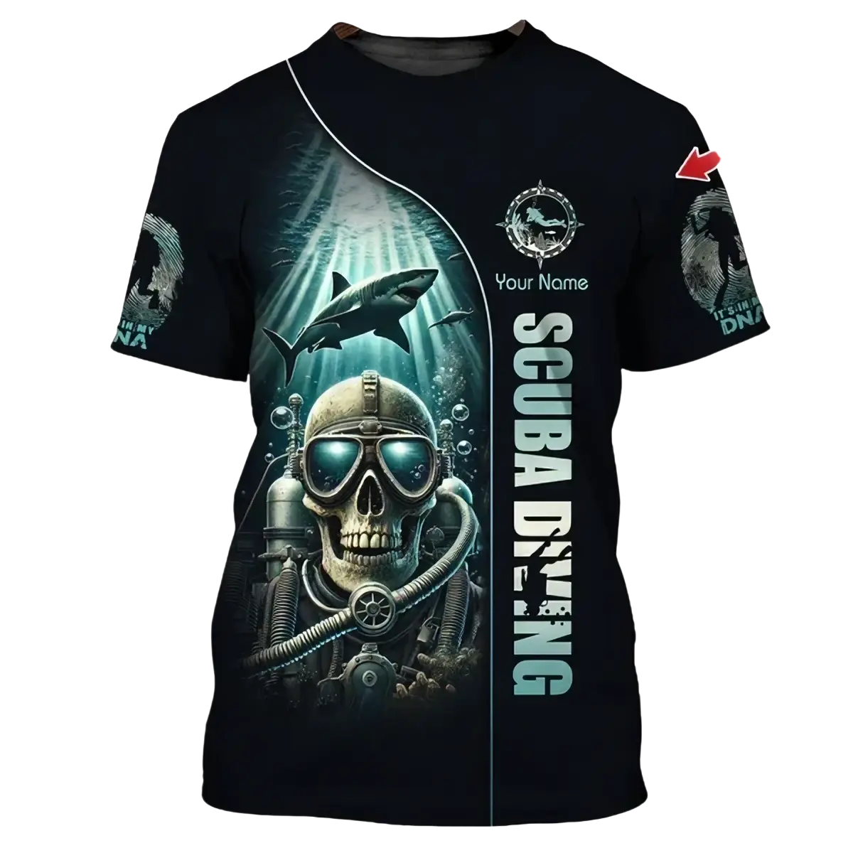 Black oversized short-sleeved t-shirt with a detailed 3d printed skull scuba gear graphic and scuba diving text
