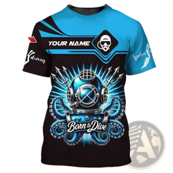Blue and black oversized men t-shirt featuring a detailed 3d-printed octopus and vintage diving helmet design born to dive