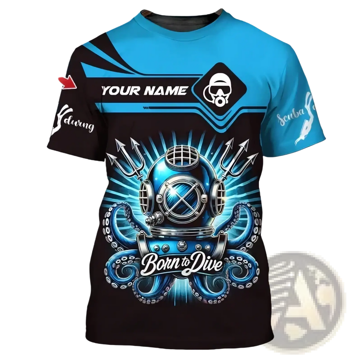 Blue and black oversized men t-shirt featuring a detailed 3d-printed octopus and vintage diving helmet design born to dive