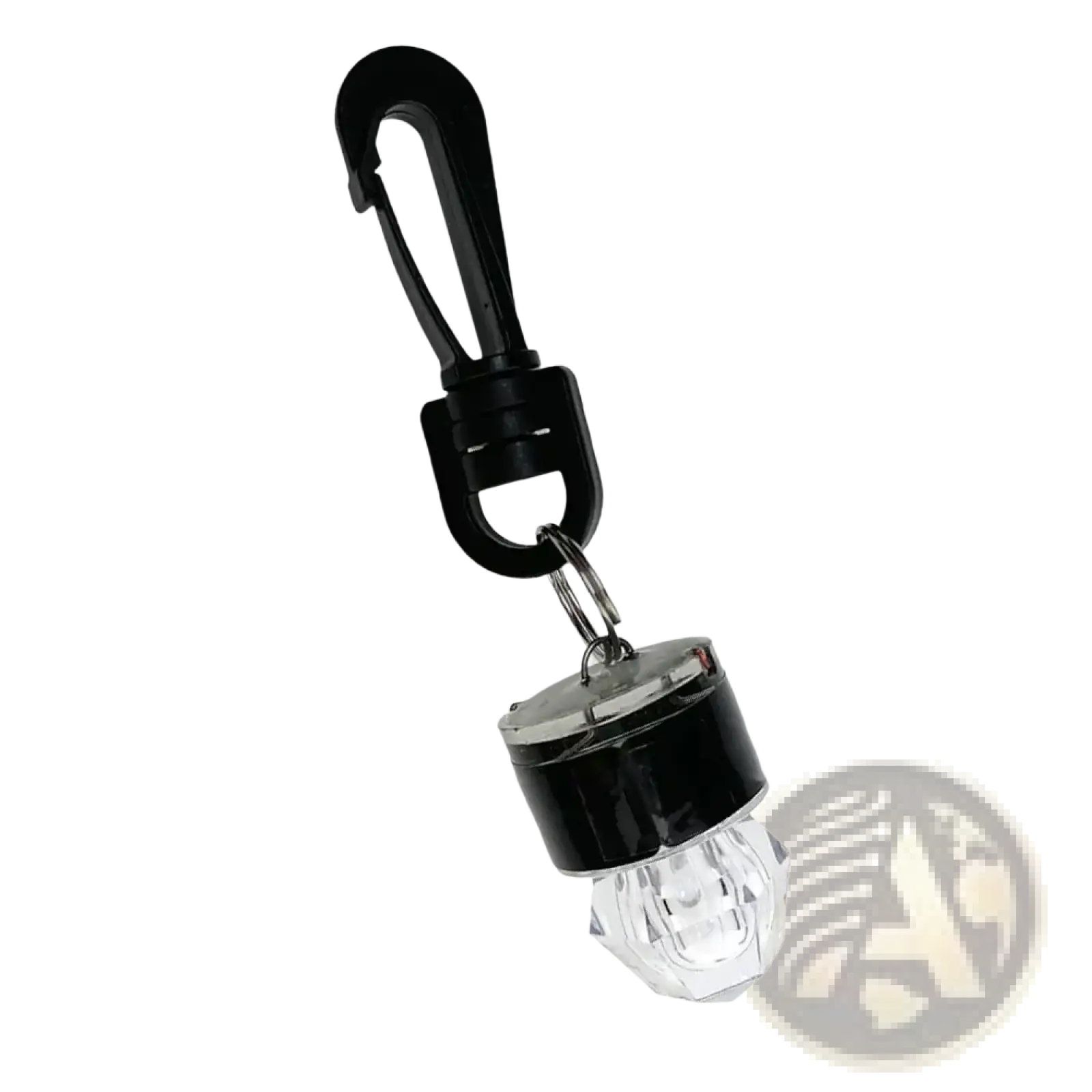 Black carabiner clip attached to clear faceted crystal led light bulb scuba diving water activated safety beacon