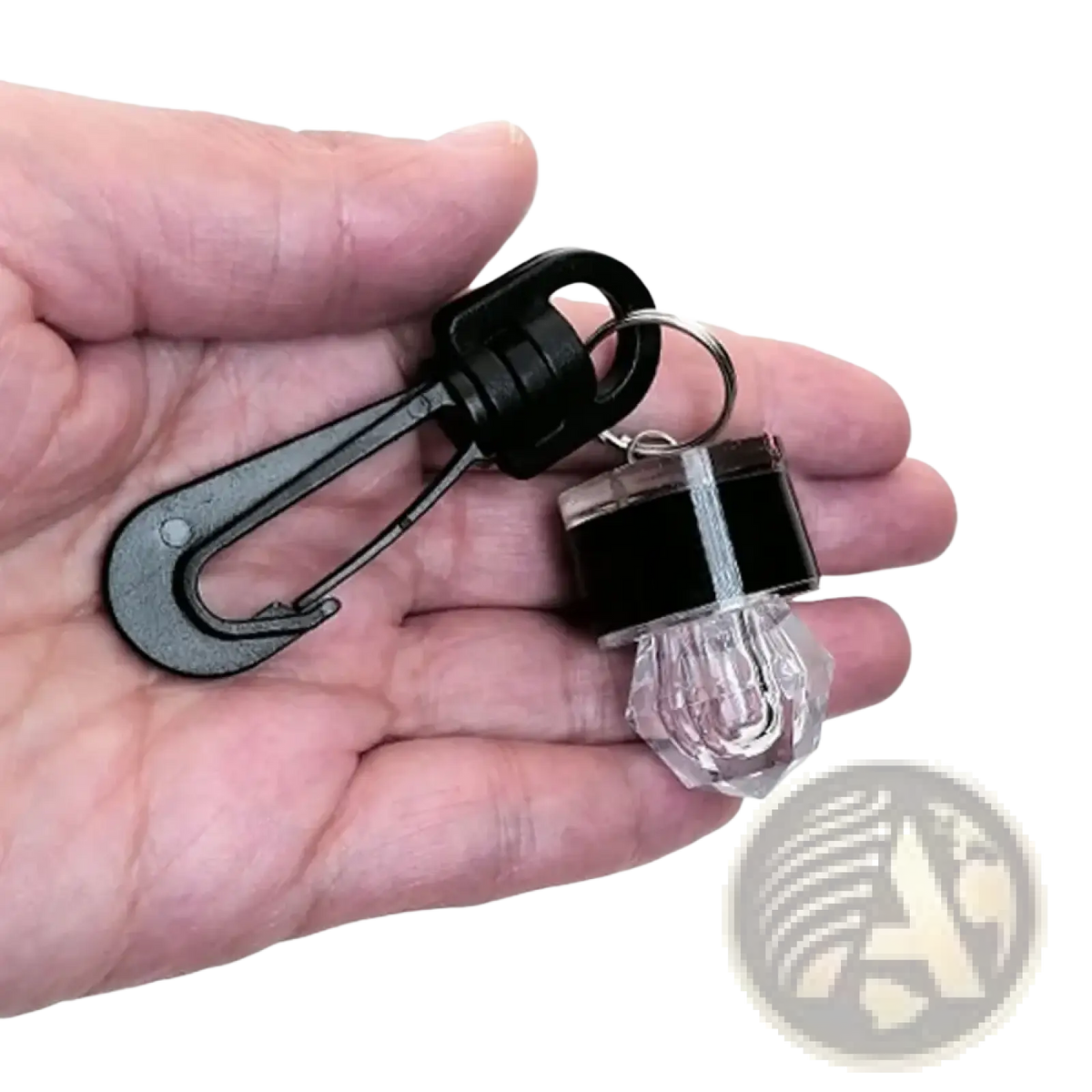 Black and clear solar-powered scuba diving safety led beacon keychain light with faceted crystal bulb