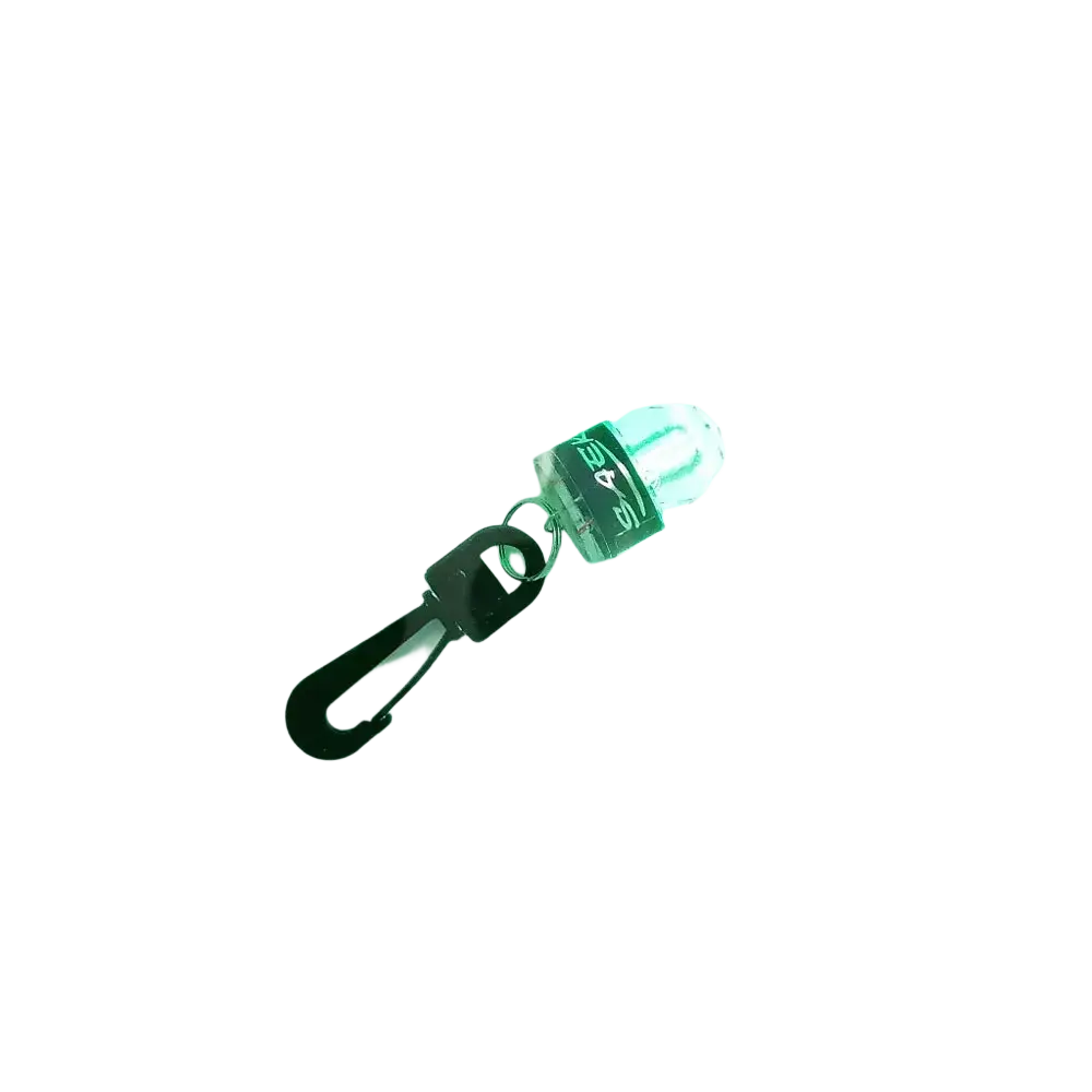 Black led keychain light with carabiner clip and green glowing illumination for scuba diving water activated safety beacon