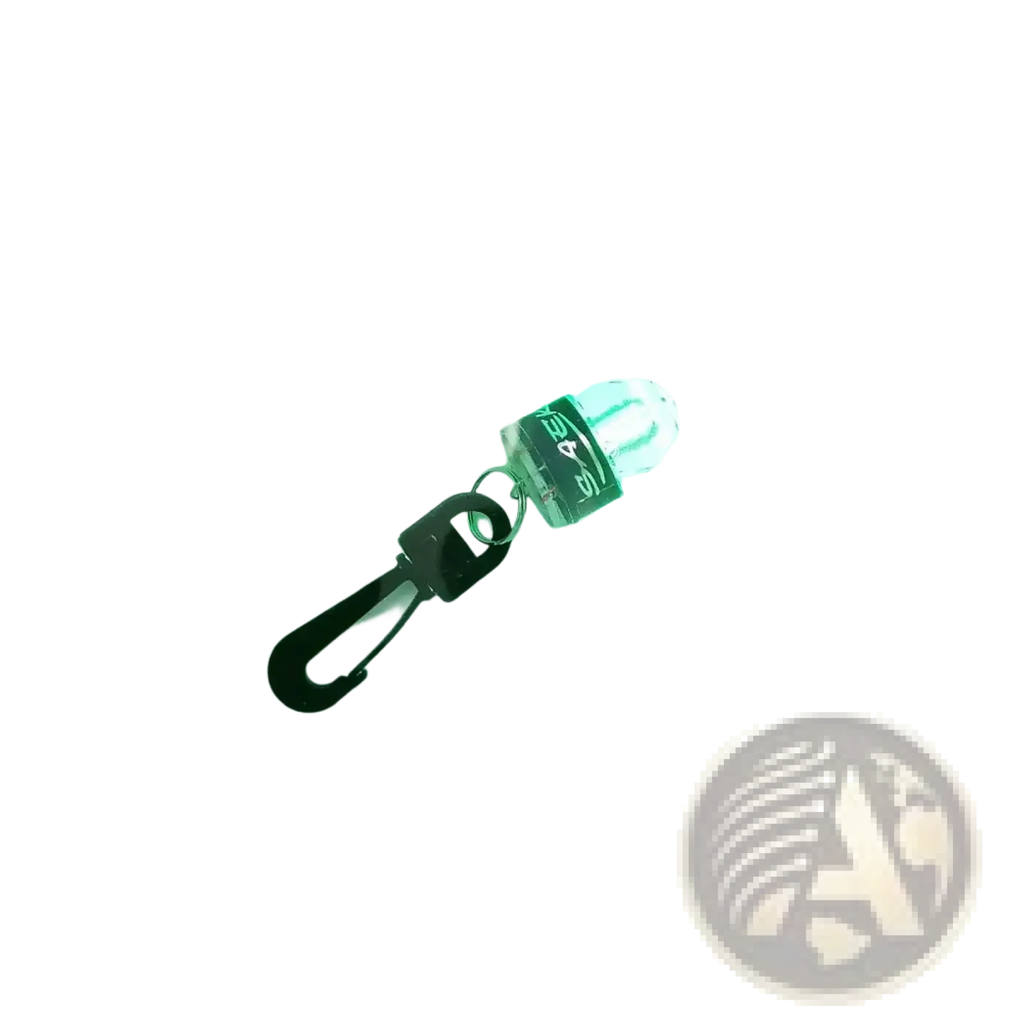 Black led keychain light with carabiner clip and green glowing illumination for scuba diving water activated safety beacon