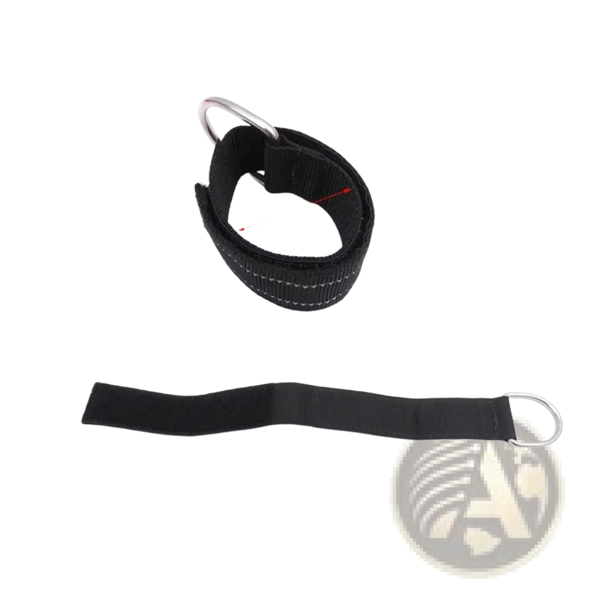 Black nylon scuba diving wrist lanyard with stainless steel metal d rings at each end for secure attachment