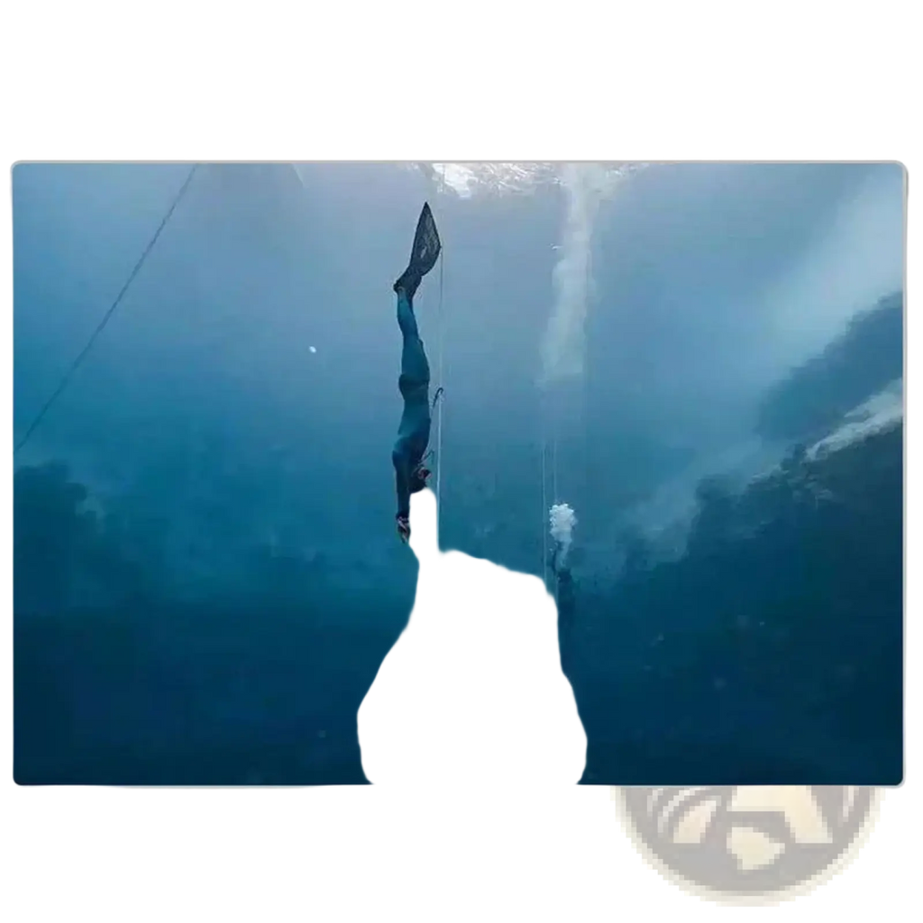 A diver in a dark blue wetsuit with black fins uses a scuba diving wrist lanyard with stainless steel d ring underwater