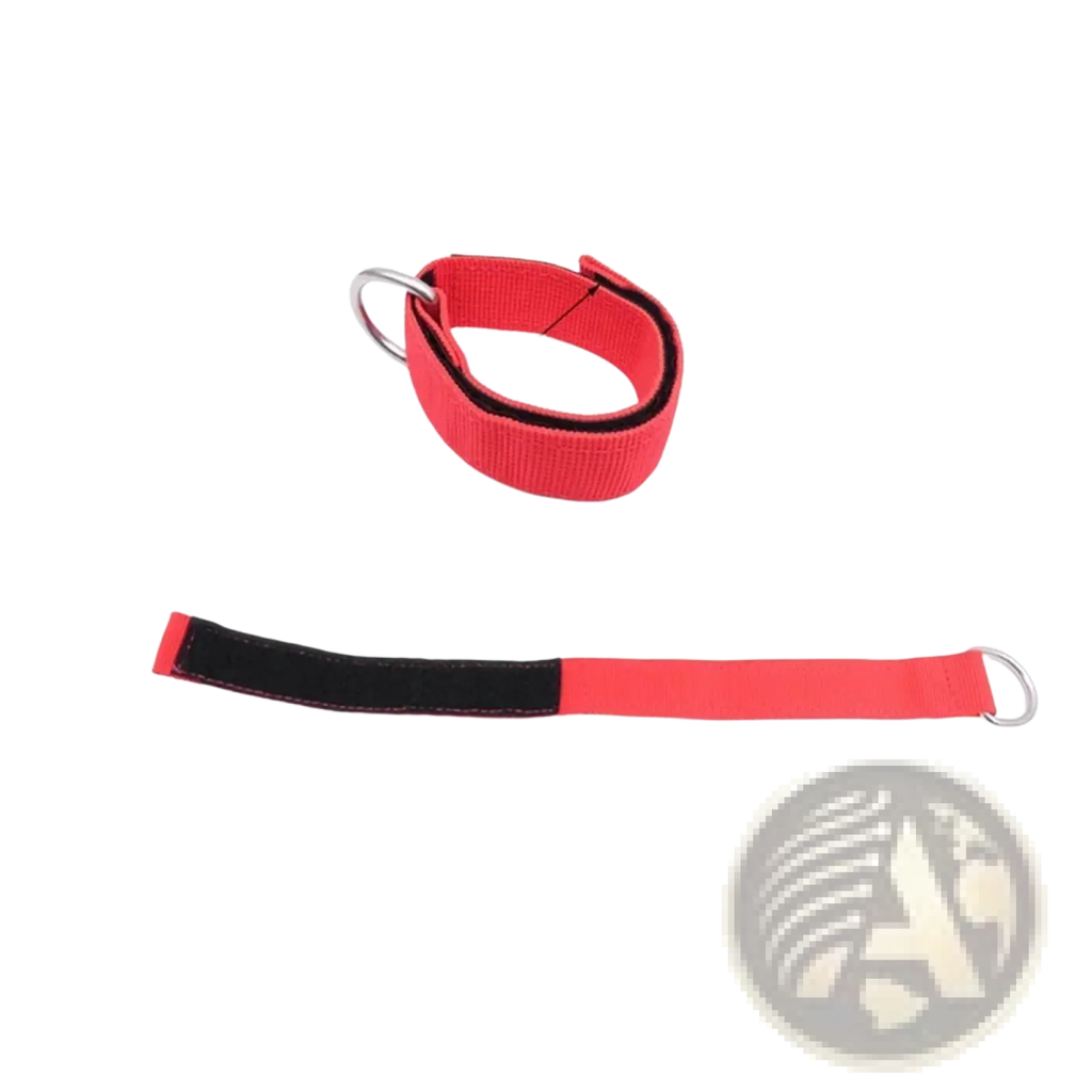 Scuba diving wrist lanyard with red nylon strap black reinforced section and stainless steel d ring 33cm length