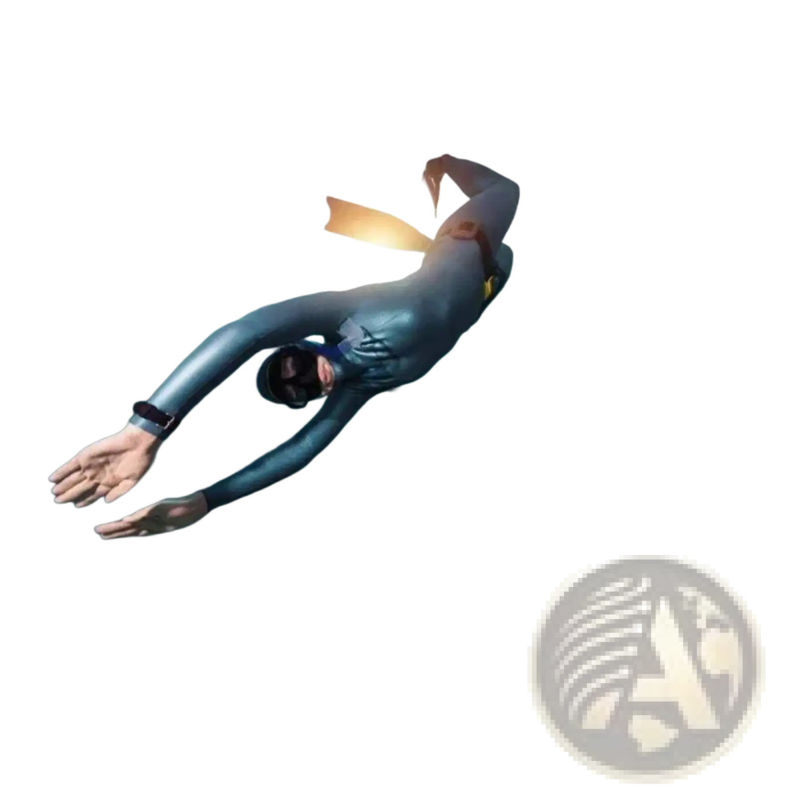 A sleek dark gray full-body wetsuit with streamlined design and subtle chest branding paired with scuba diving wrist lanyard with stainless steel d ring