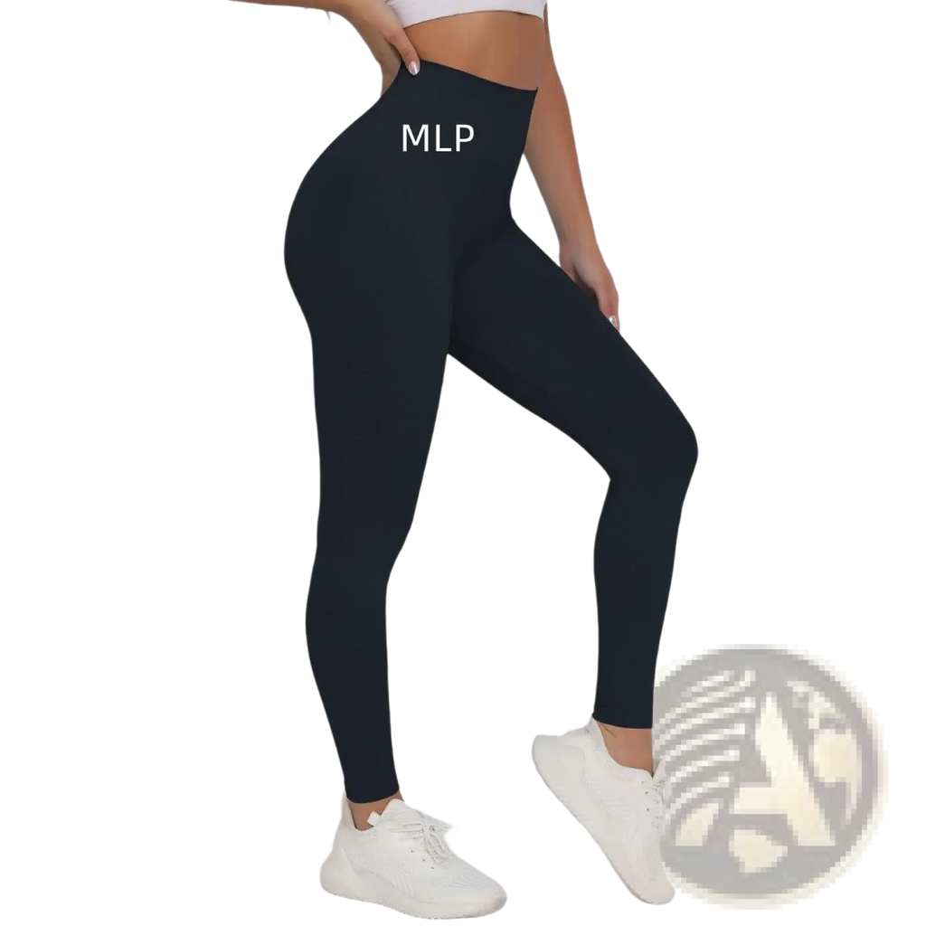 Black high-waisted nylon Sculptfit leggings with a snug form-fitting design and mlp branding on the hip