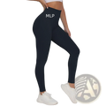 Black high-waisted nylon Sculptfit leggings with a snug form-fitting design and mlp branding on the hip