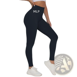 Black high-waisted nylon Sculptfit leggings with a snug form-fitting design and mlp branding on the hip