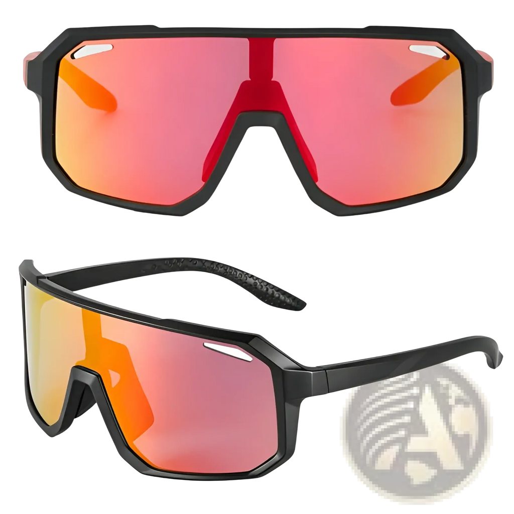 Black-framed Scvcn aerodynamic gradient lens cycling sunglasses with red-orange mirrored lenses and sleek design