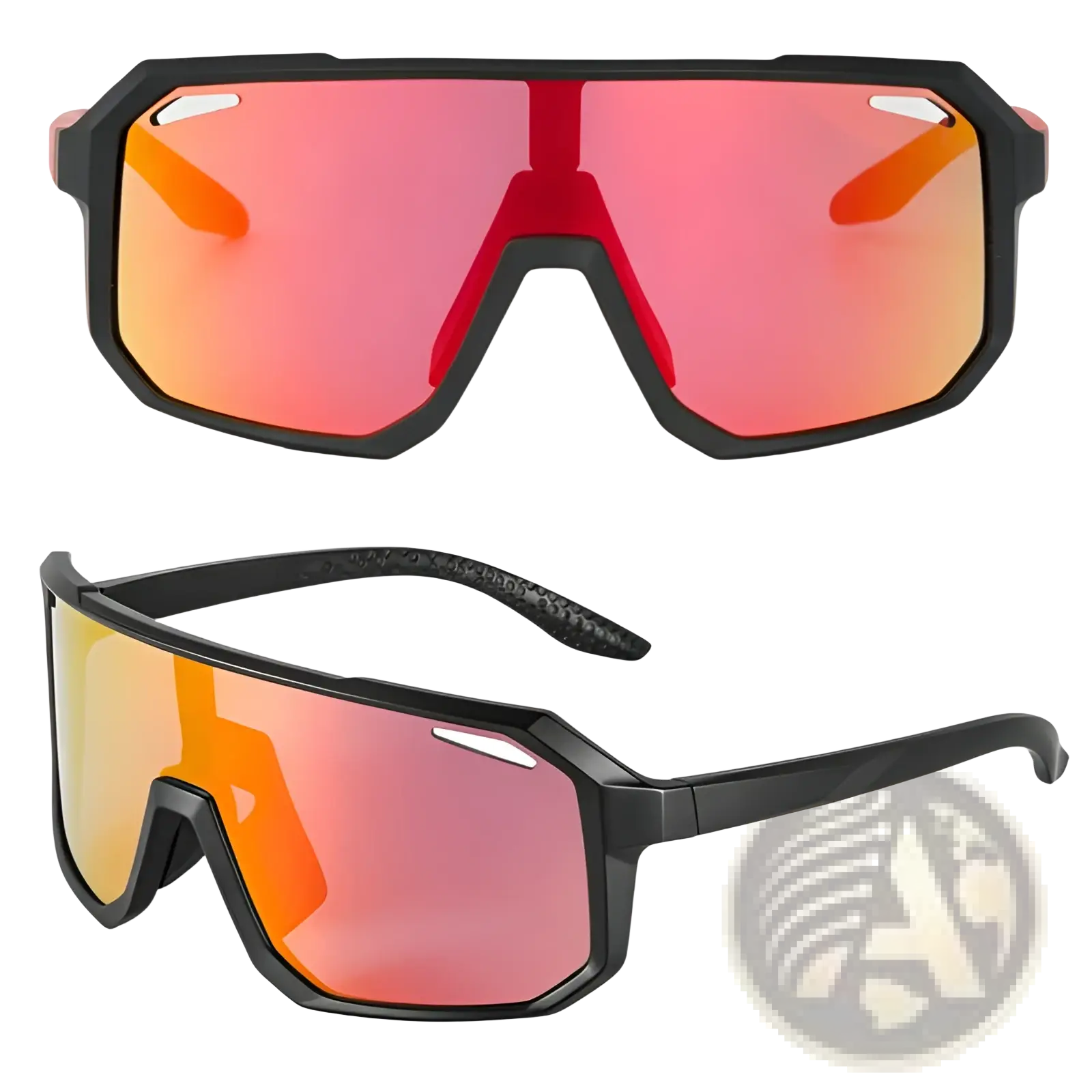 Black-framed Scvcn aerodynamic gradient lens cycling sunglasses with red-orange mirrored lenses and sleek design