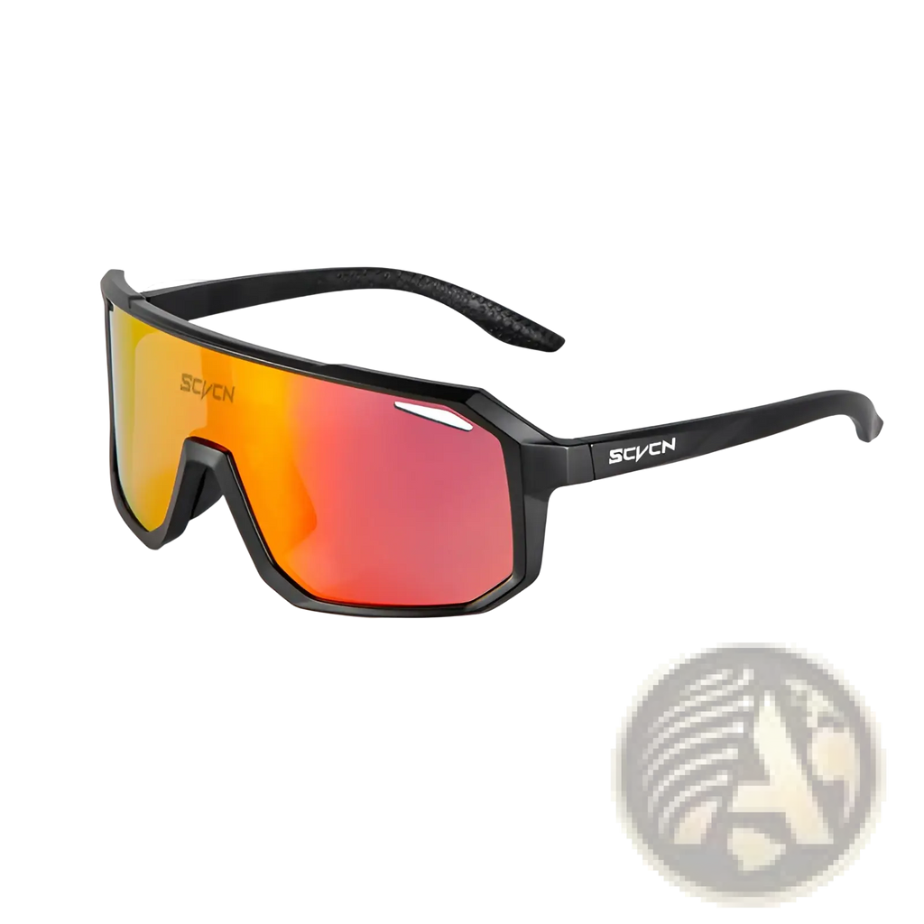 Black scvcn aerodynamic gradient lens cycling sunglasses with orange to red reflective lenses and angular frame design
