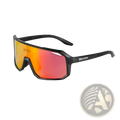 Black scvcn aerodynamic gradient lens cycling sunglasses with orange to red reflective lenses and angular frame design