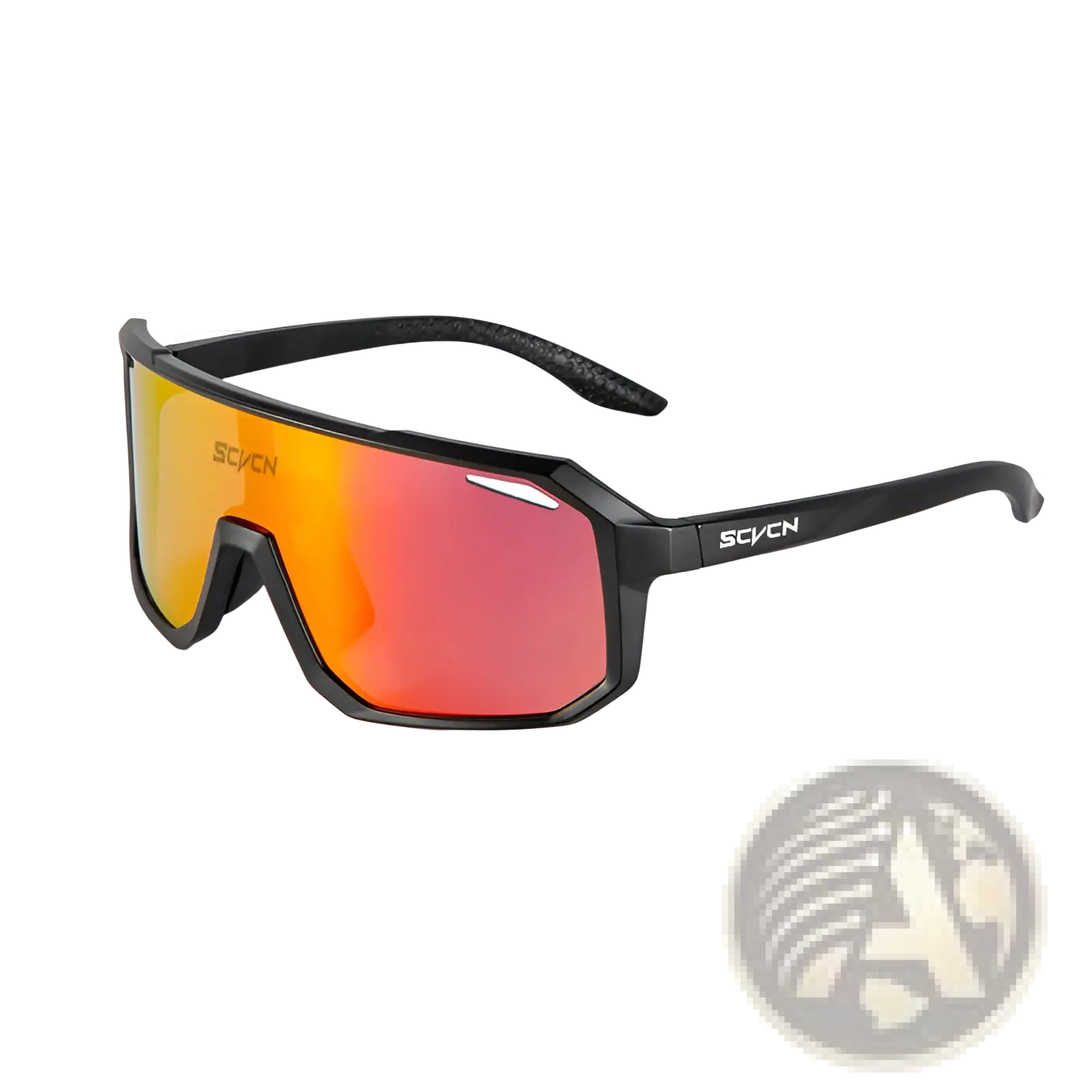 Black scvcn aerodynamic gradient lens cycling sunglasses with orange to red reflective lenses and angular frame design