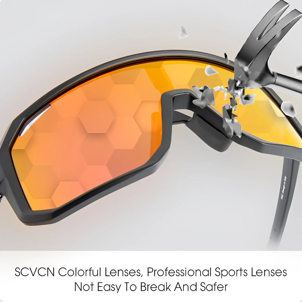 Scvcn aerodynamic gradient lens cycling sunglasses with orange hexagonal sport lenses and a durable black frame
