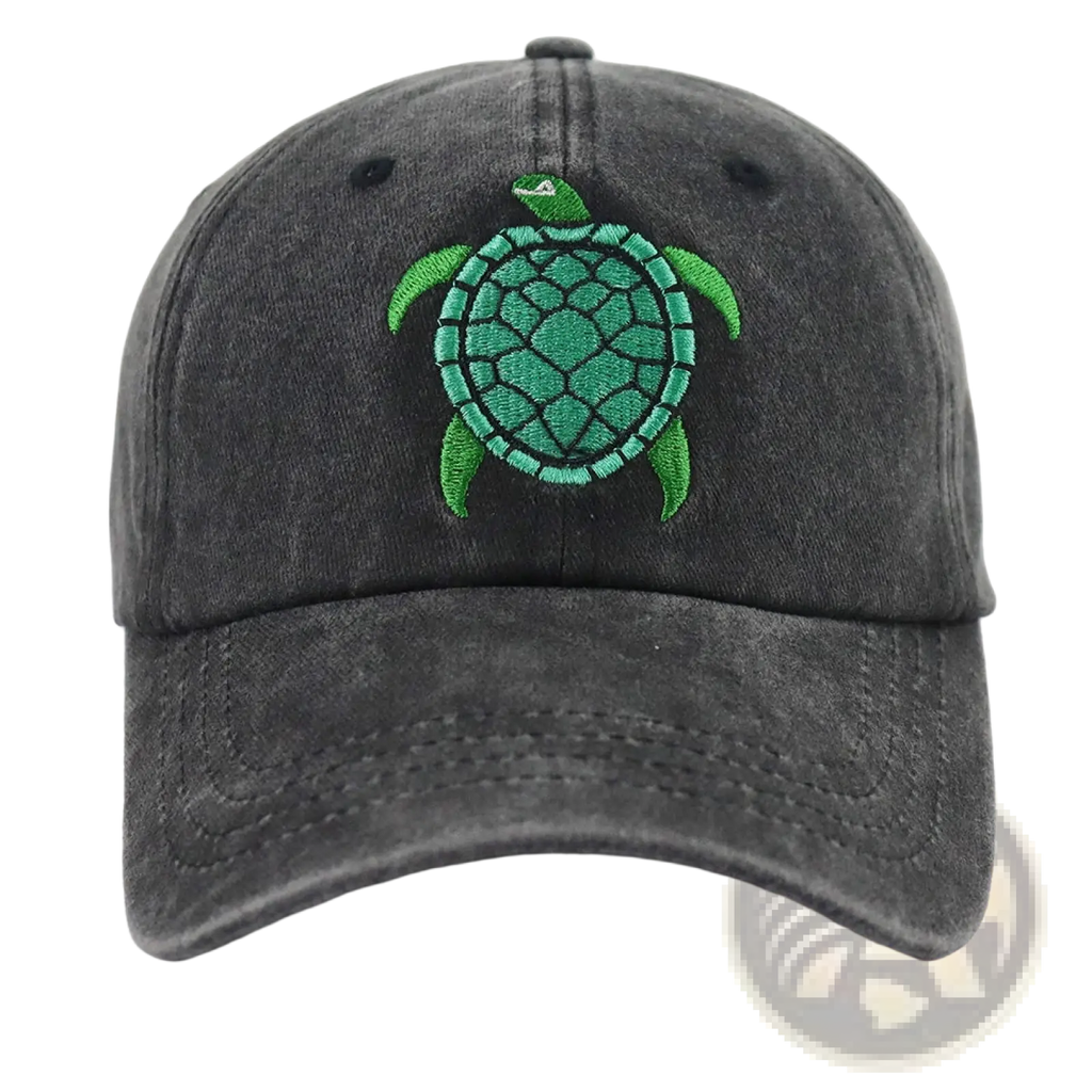 Dark gray distressed baseball cap with vibrant green embroidered sea turtle design for casual wear