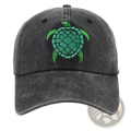 Dark gray distressed baseball cap with vibrant green embroidered sea turtle design for casual wear
