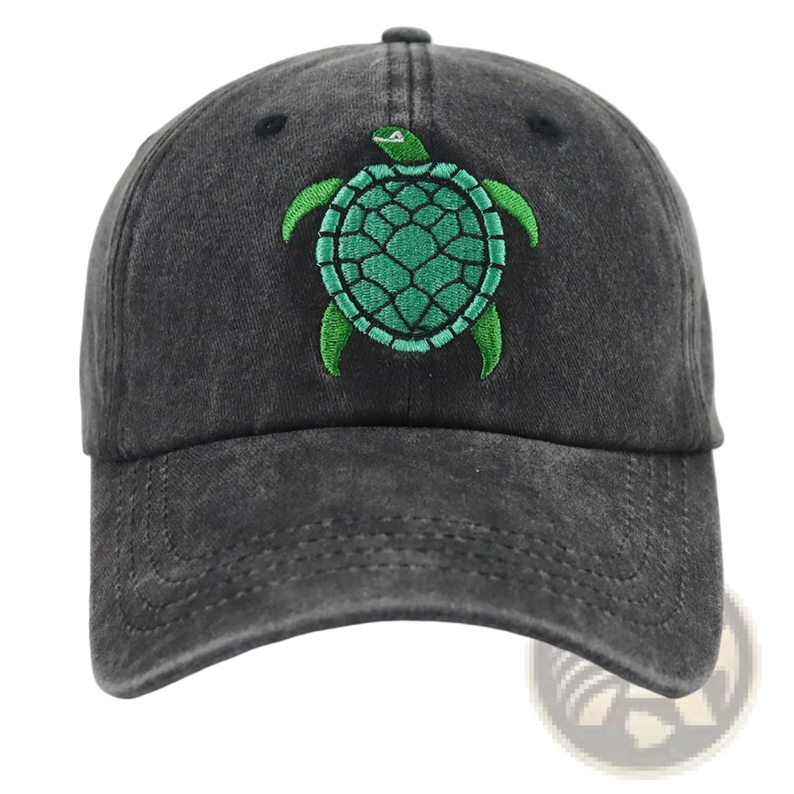 Dark gray distressed baseball cap with vibrant green embroidered sea turtle design for casual wear