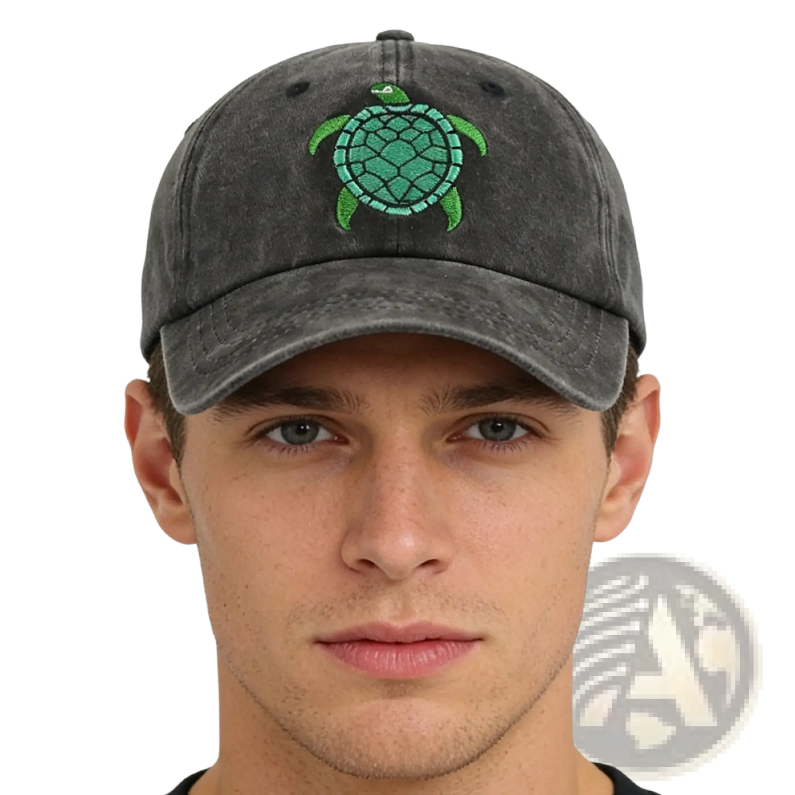 Dark gray distressed baseball cap with vibrant green embroidered sea turtle on the front for casual wear