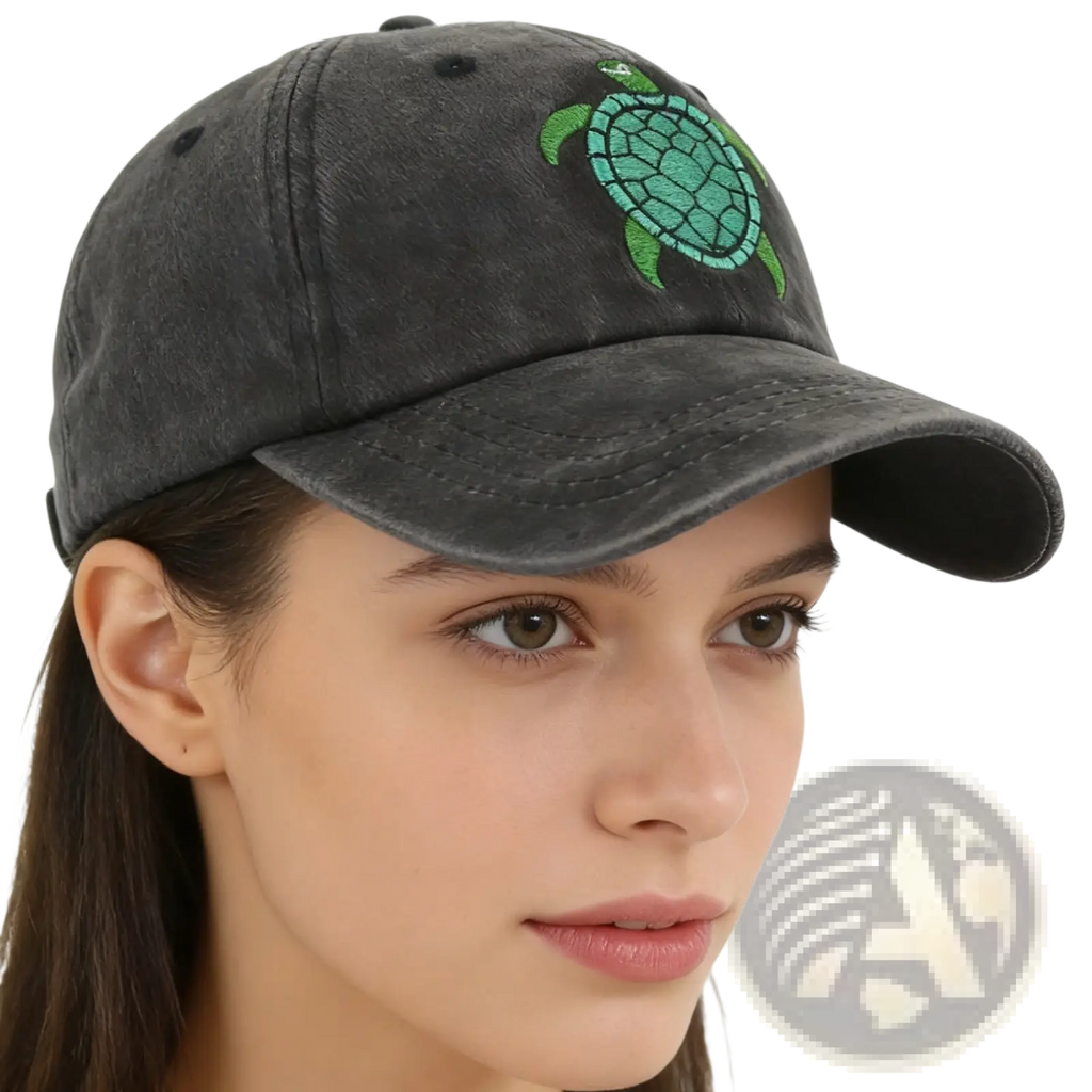 Dark gray distressed baseball cap featuring a vibrant green embroidered sea turtle on the front panel