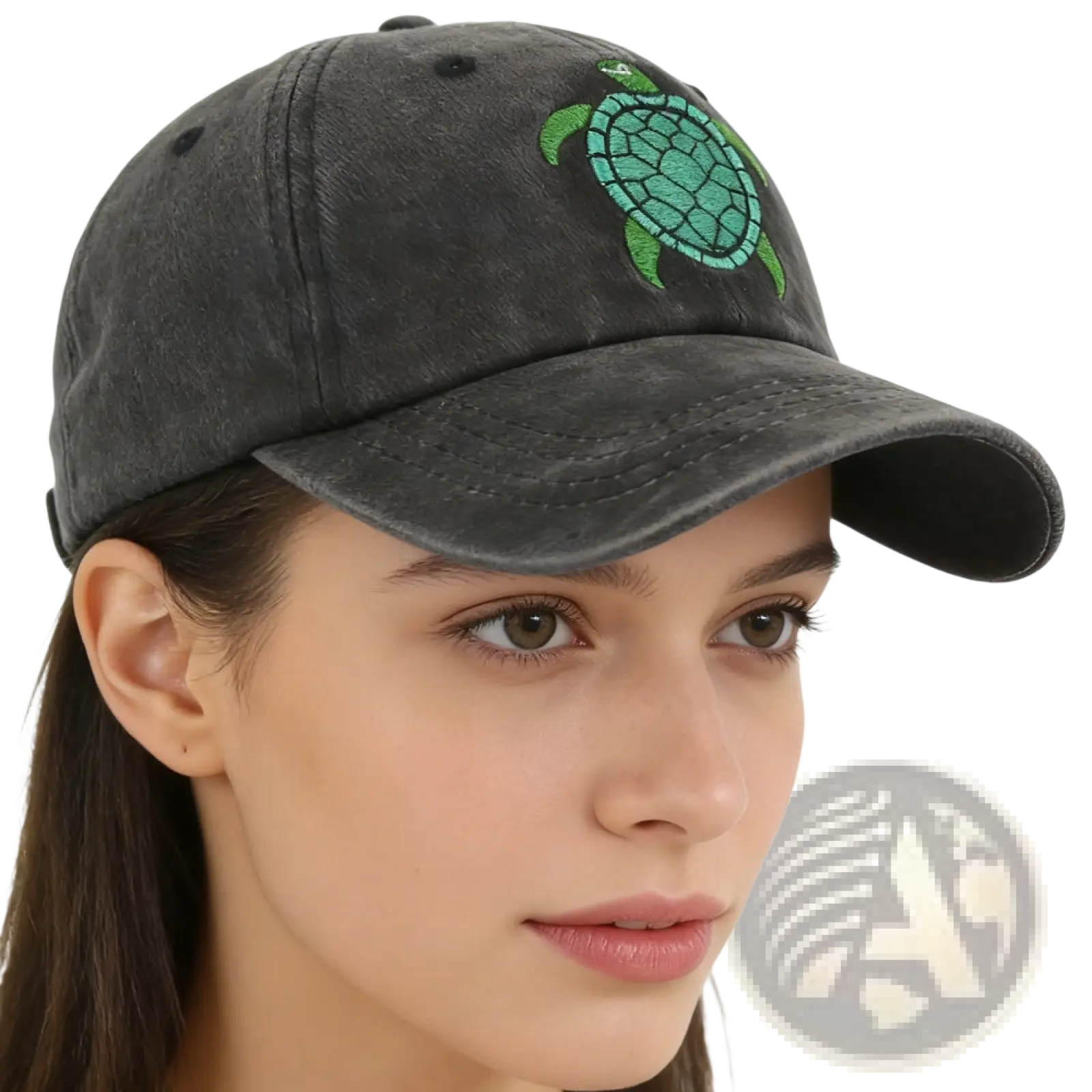 Dark gray distressed baseball cap featuring a vibrant green embroidered sea turtle on the front panel