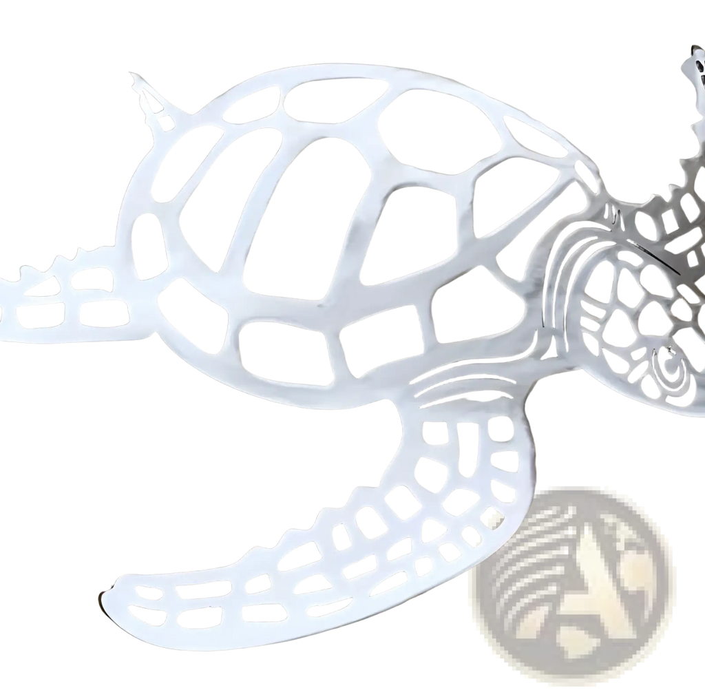 Silver metal sea turtle wall art featuring intricate cut-out patterns for coastal decor
