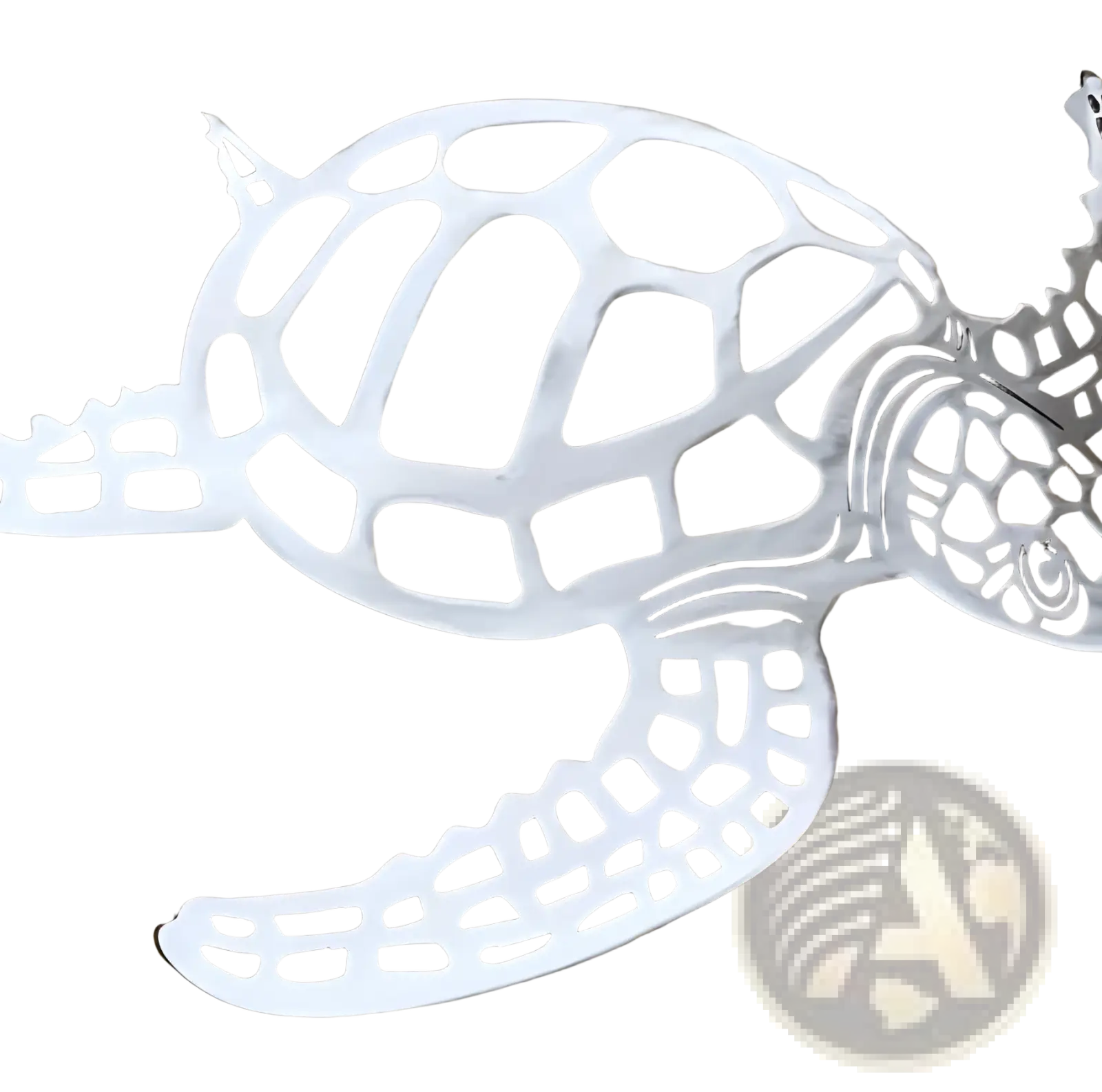 Silver metal sea turtle wall art featuring intricate cut-out patterns for coastal decor