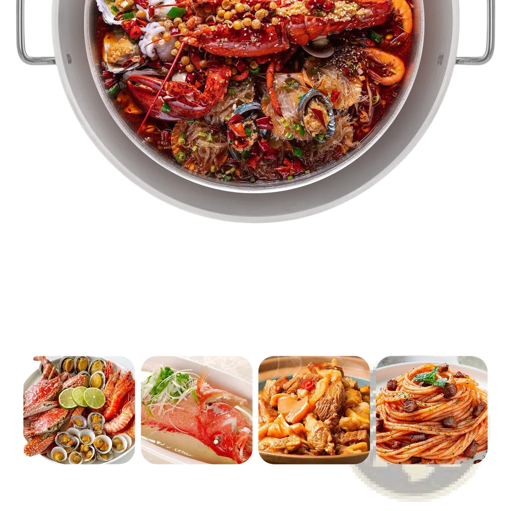A sleek silver electric 80 qt seafood boiling pot made of metal filled with vibrant red spicy seafood stew