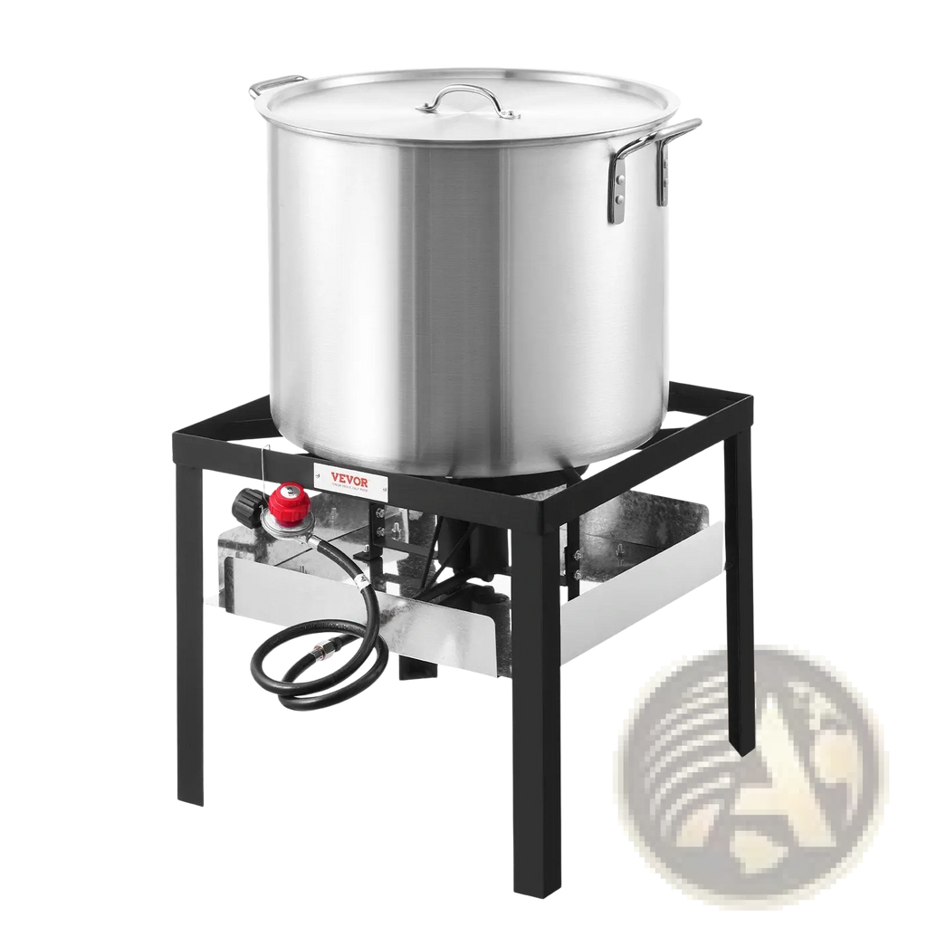 Stainless steel 80 qt seafood boiling stockpot with lid and side handles on black metal stand for outdoor use