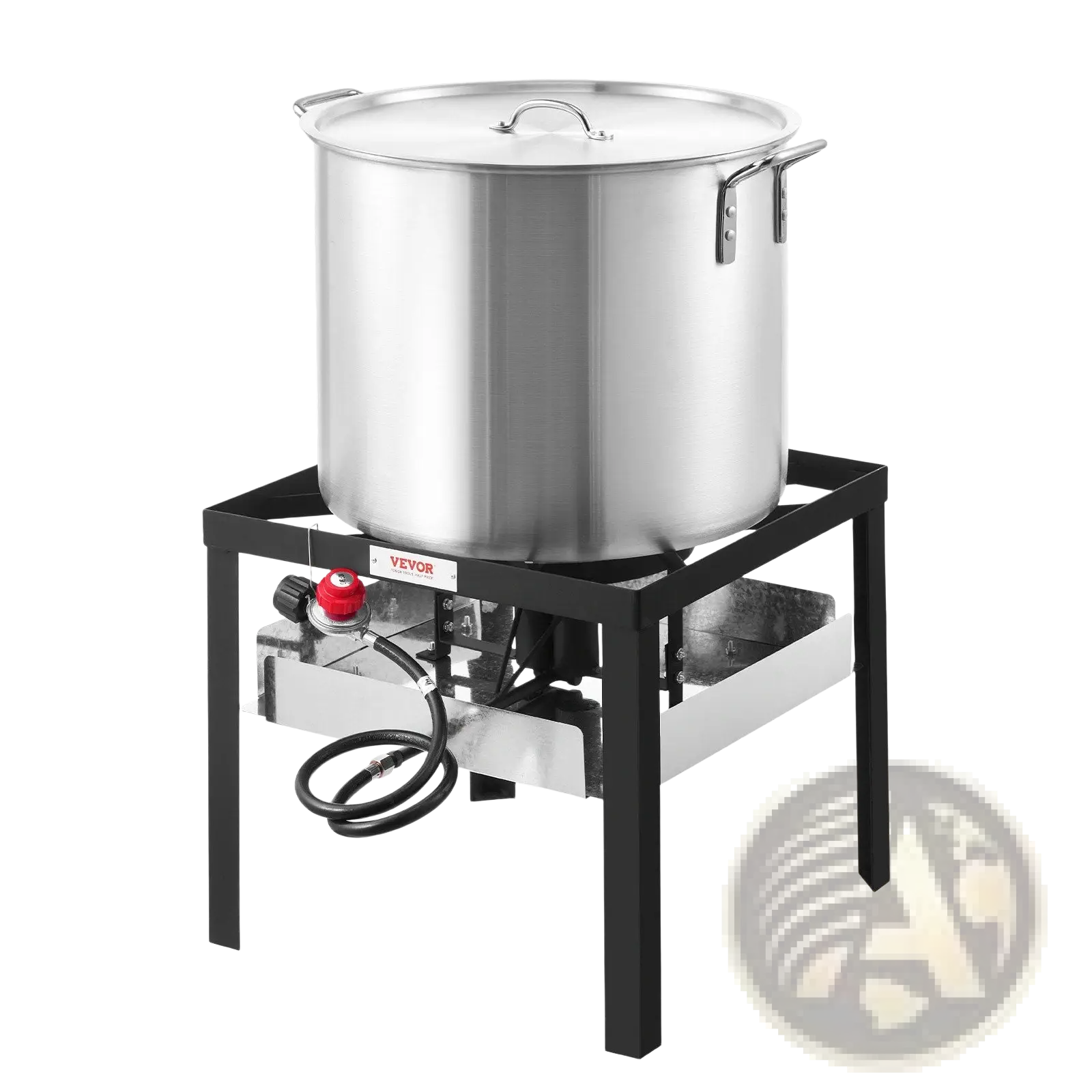Stainless steel 80 qt seafood boiling stockpot with lid and side handles on black metal stand for outdoor use