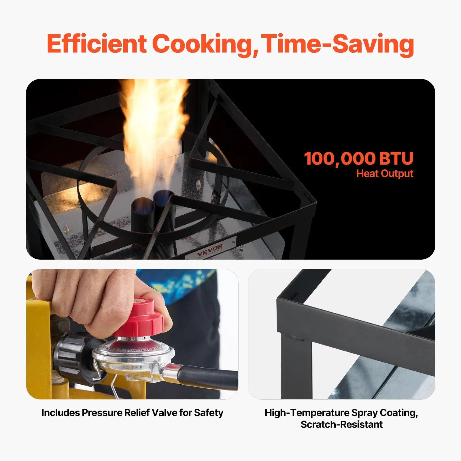 Black metal propane gas stove with red pressure relief valve and high-temperature spray coating for seafood boiling kit 80 qt