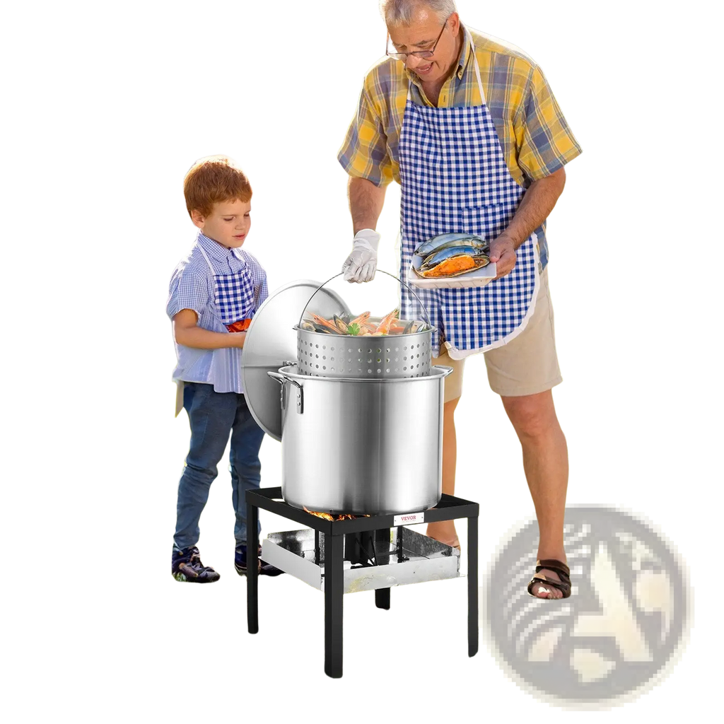 Large stainless steel seafood boiling kit stockpot with perforated lid on black metal stand for outdoor use