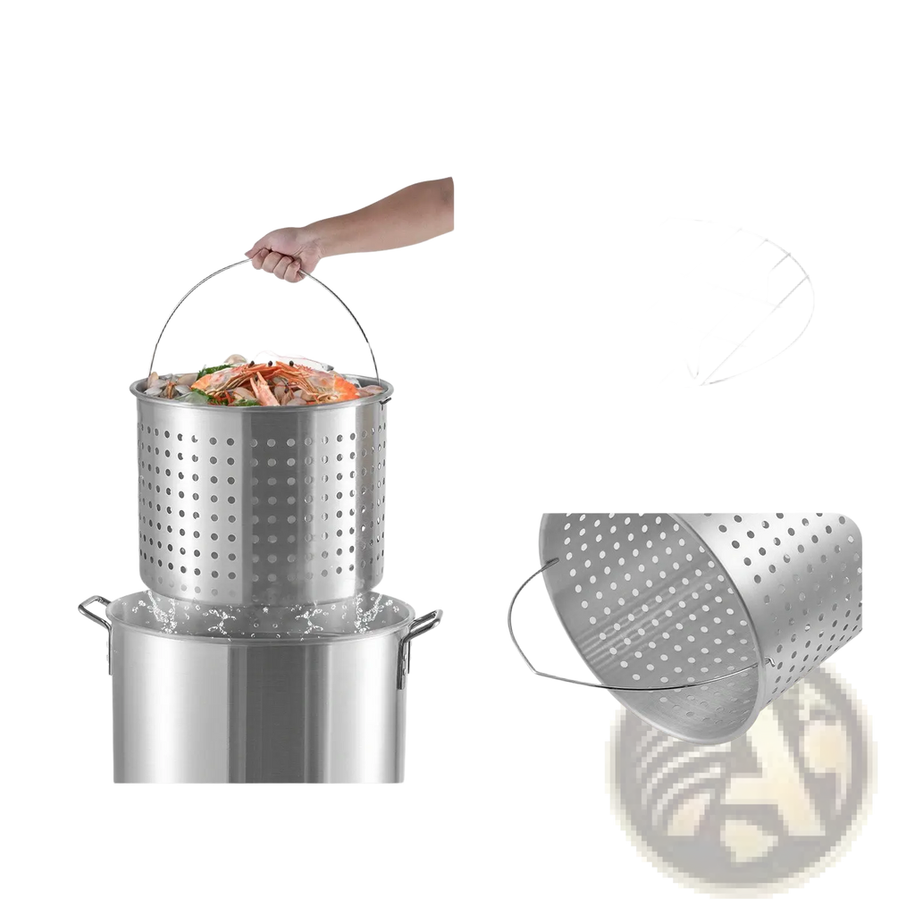 Silver perforated aluminum seafood boiling kit basket with handle for easy steaming and fast soup drainage 80 qt pot